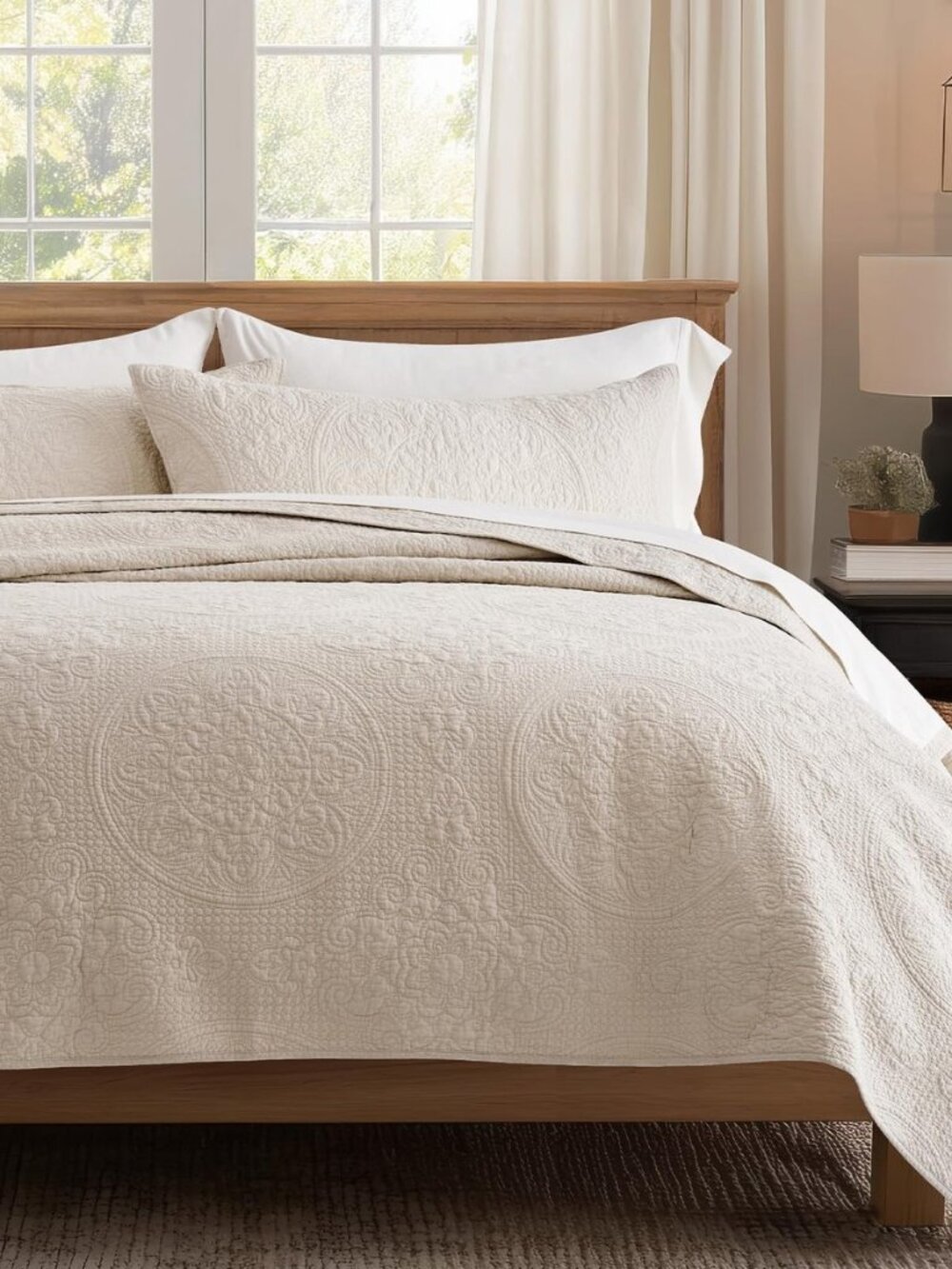 100% Cotton Medallion Stitch Quilt Set, Queen Size, Birch